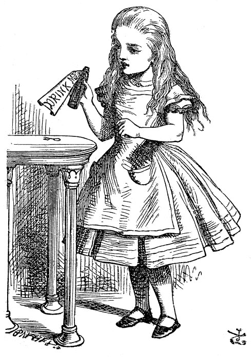 Alice picks up a bottle that reads 'Drink Me'