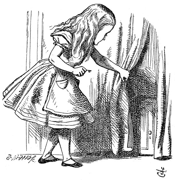 Alice examines a door behind a curtain