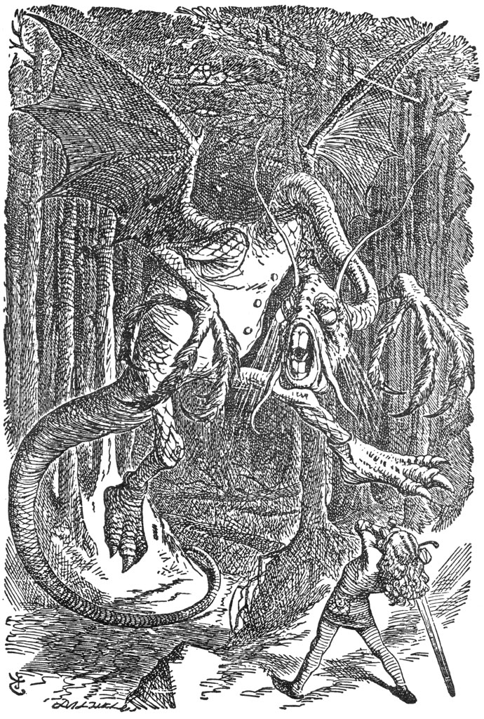 The protagonist faces the jabberwock with vorpal sword in hand