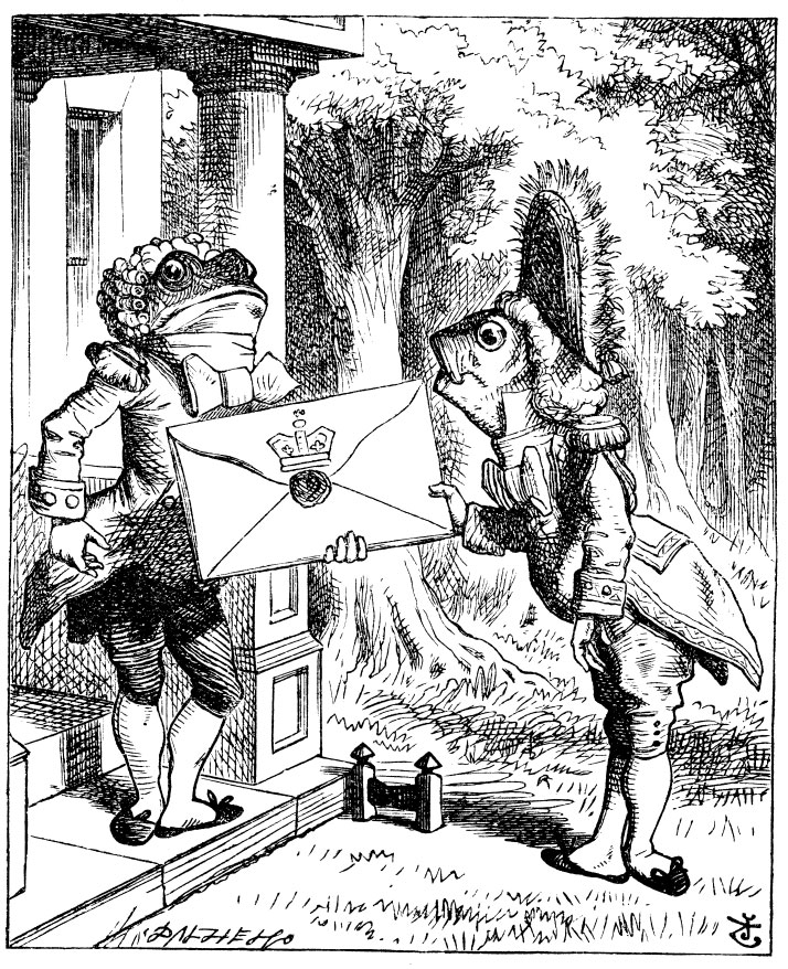 The Fish Footman offers a croquet invitation to the Frog Footman to the Duchess from the Queen of Hearts