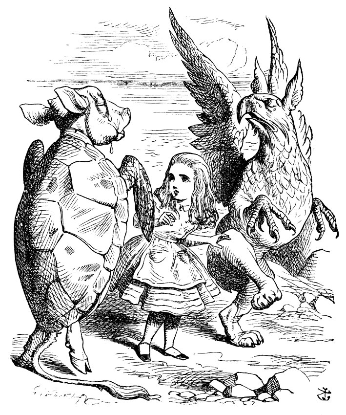 The Fish Footman offers a croquet invitation to the Frog Footman to the Duchess from the Queen of Hearts
