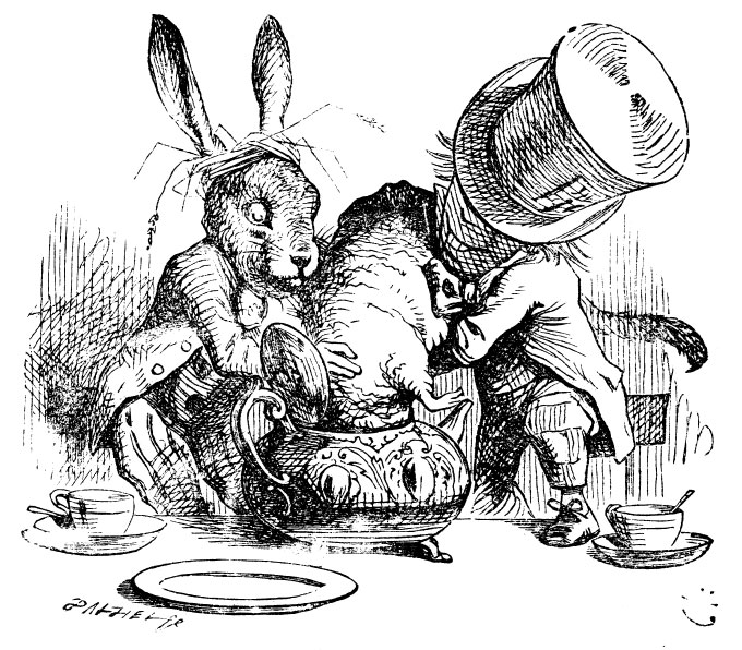 The March Hare and Mad Hatter shove the Dormouse's head into a teapot