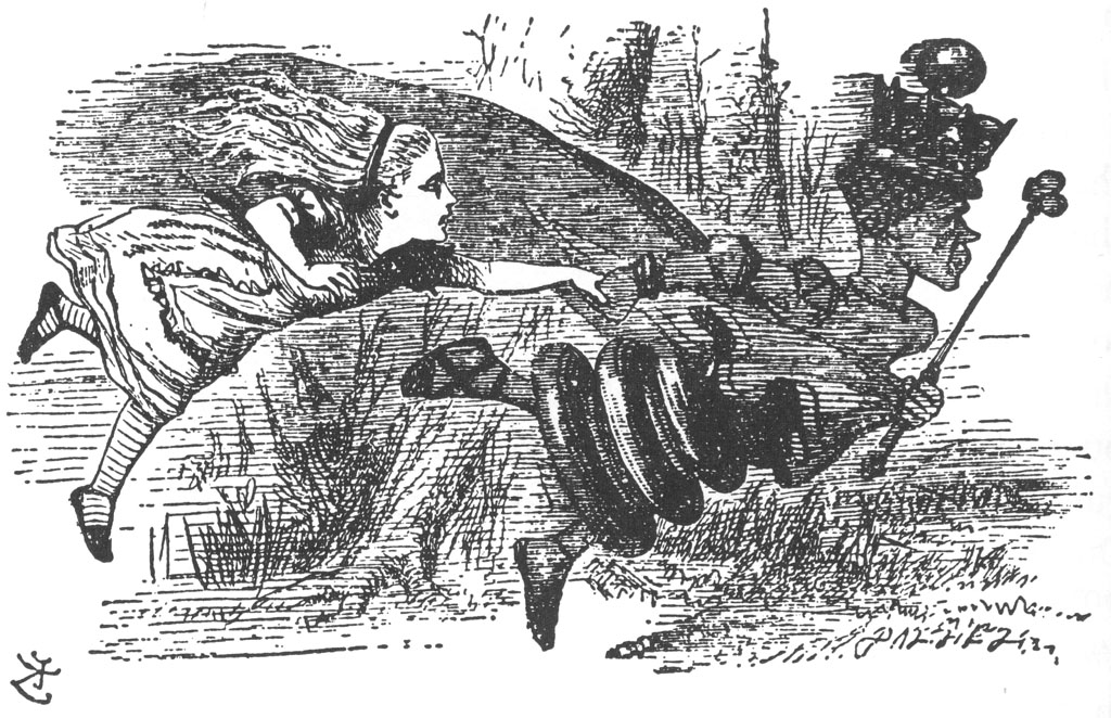 The Red Queen and Alice running, hand-in-hand