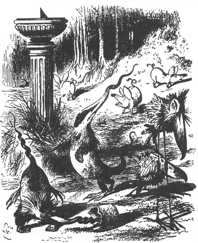 Creatures of Tulgey Wood around a sundial