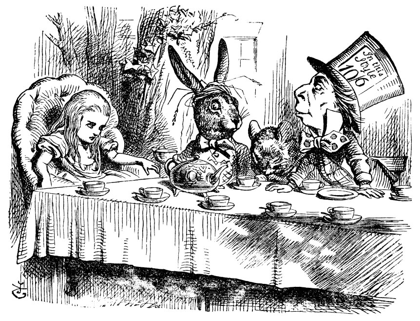 The Fish Footman offers a croquet invitation to the Frog Footman to the Duchess from the Queen of Hearts